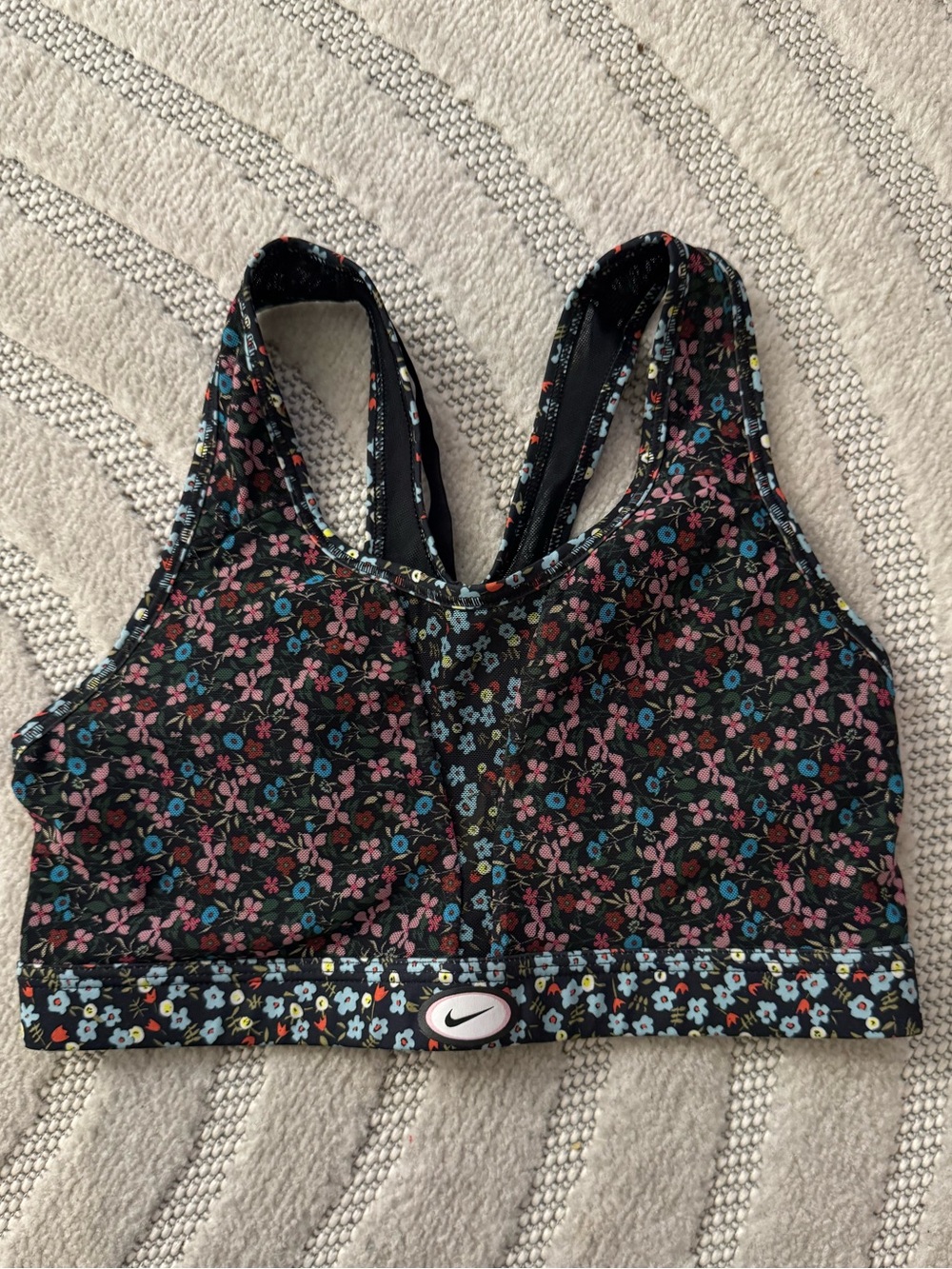 Nike Black Mesh Floral Racerback Sports Bra with Pink & Blue Flowers